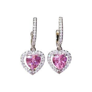 Heart-Shaped Pink Gemstone Drop Earrings With‎ Pave-Set CZ & Silver Tone